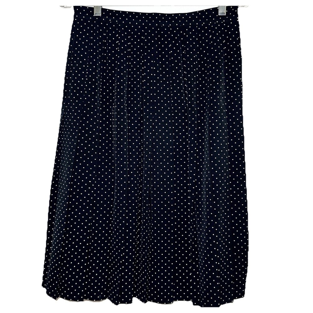 Vintage Polka Dot Pleated Midi Skirt Black White Petite 10P Retro AMK Sassco
